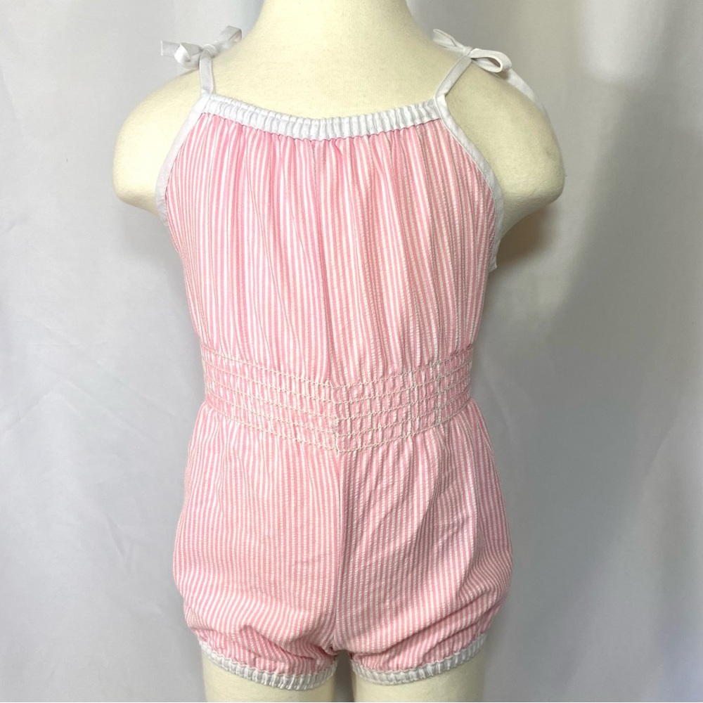 Vintage 80’s Pink Striped Smocked Romper 3T 2T Playsuit Summer Embroidered - Picture 2 of 12